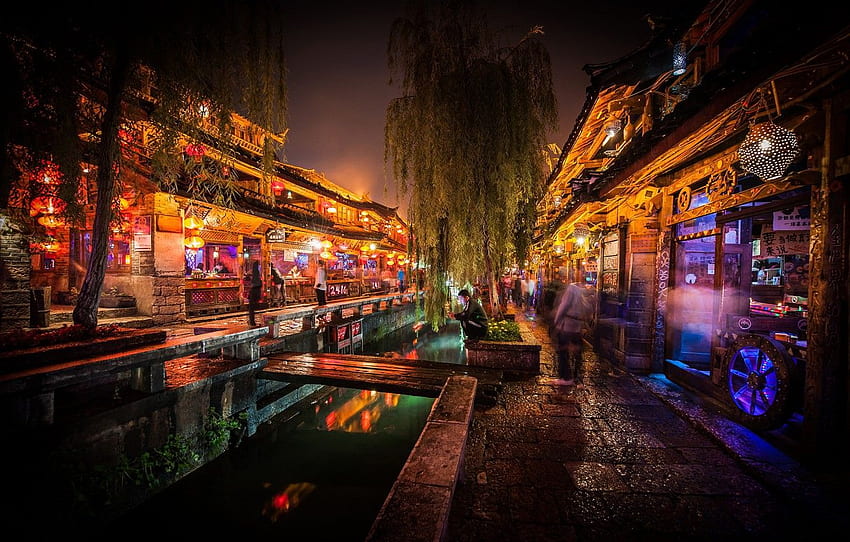 Chine, nuit, Lijiang, Old City for , section город, Chinese Town Fond d'écran HD