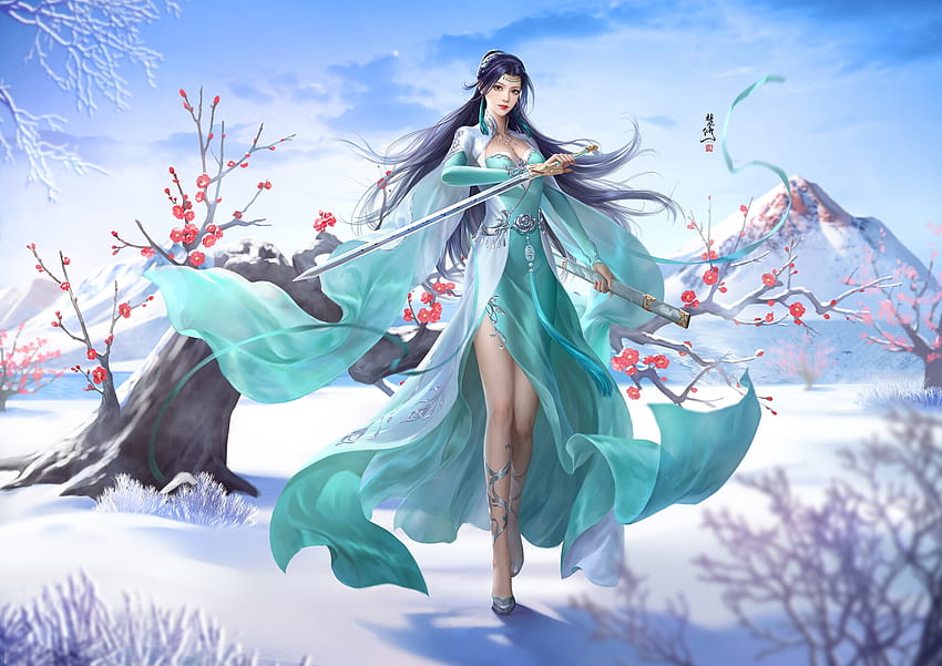 Fantasy girl, winter, frumusete, sword, fanxiu, fantasy, fan xiy, iarna, green, fighter, luminos HD wallpaper