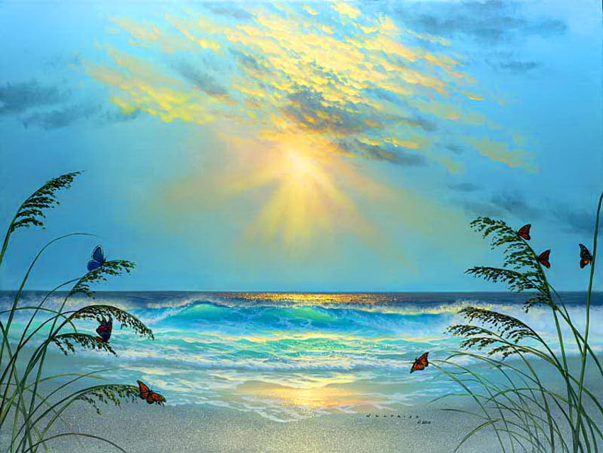 Butterfly shore, papillons, rivage, plantes, ciel bleu et jaune, coucher de soleil, océan Fond d'écran HD