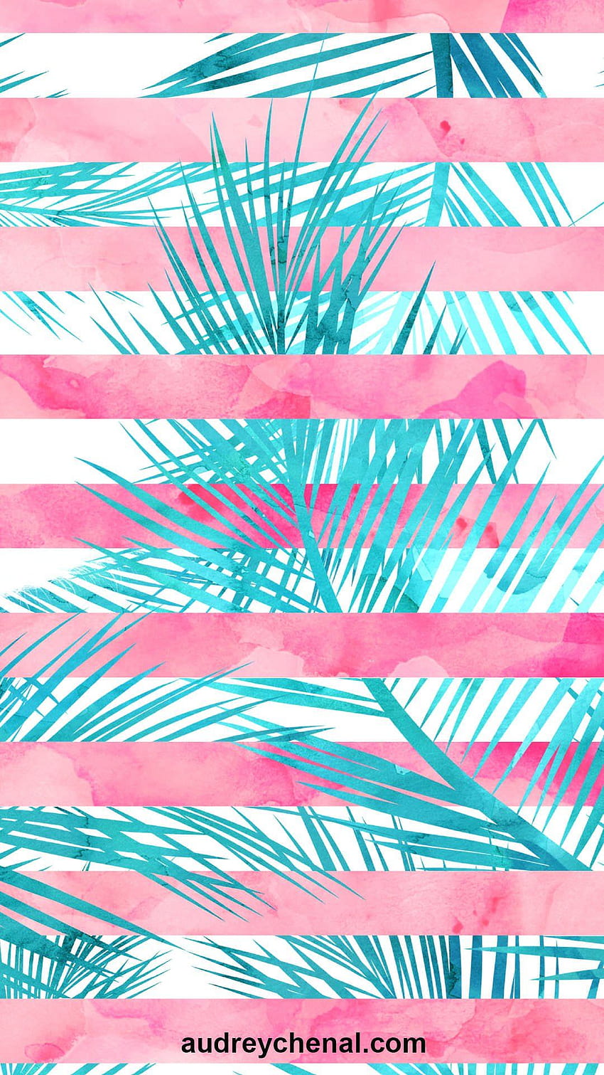 pink coral teal turquoise watercolor palm tree leaf pattern HD phone wallpaper