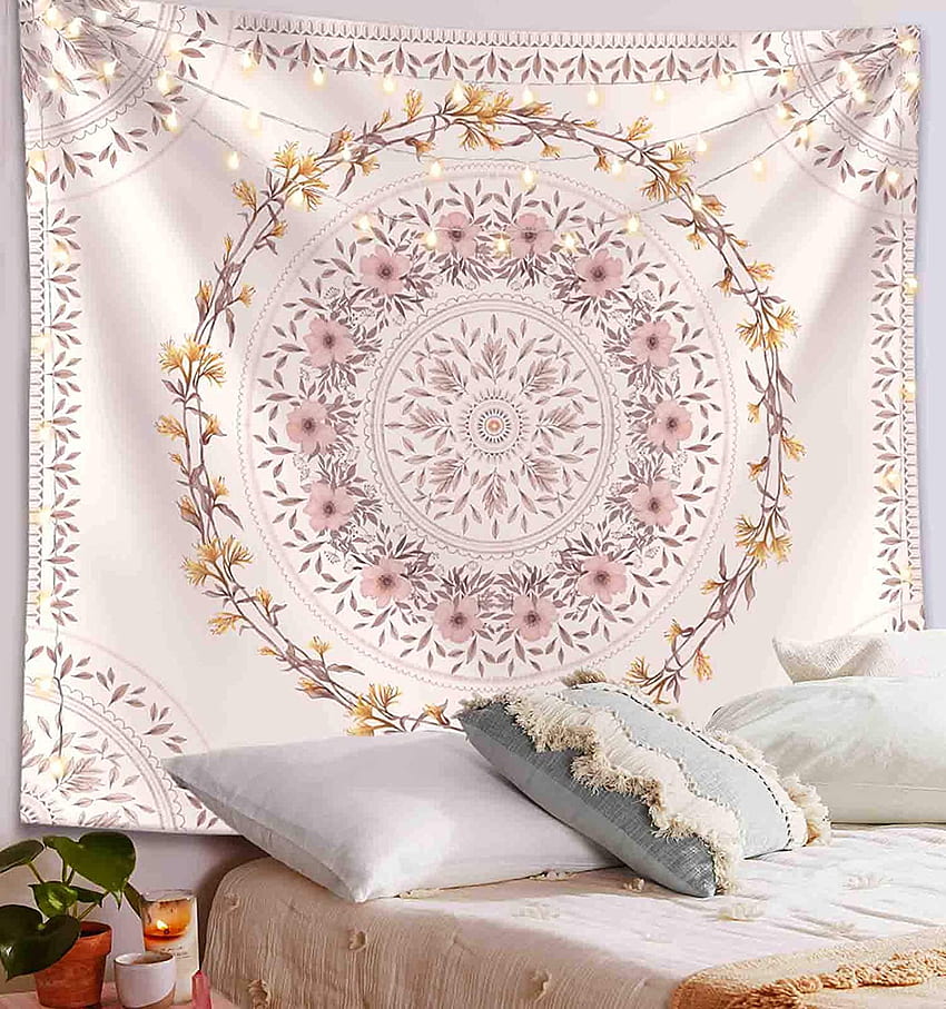 Lifeel White Bohemian Tapestry Wall Hanging, Mandala Floral Medallion Hippie Tapestry with Light Brown Aesthetic Wreath Design, Cream Wall Decor Blanket for Bedroom Home Dorm, Large 68×80 inches : generic HD phone wallpaper