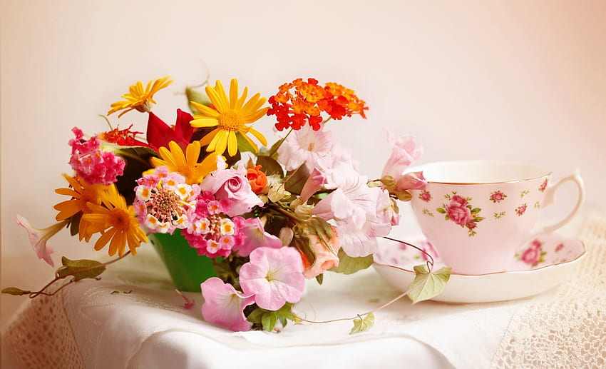 Flowers, Roses, Bowl, Tea Set, Different, Tablecloth HD wallpaper