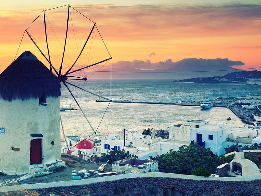 Griego, molino de viento, ciudades, ciudad, molinos de viento, Grecia, Mykonos, puesta del sol fondo de pantalla