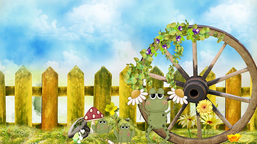 Mama Frog and Babies ล้อ กบ ฤดูใบไม้ผลิ ฤดูร้อน ทุ่ง รั้ว ดอกไม้ แปลกตา ท้องฟ้า ใบไม้ วอลล์เปเปอร์ HD