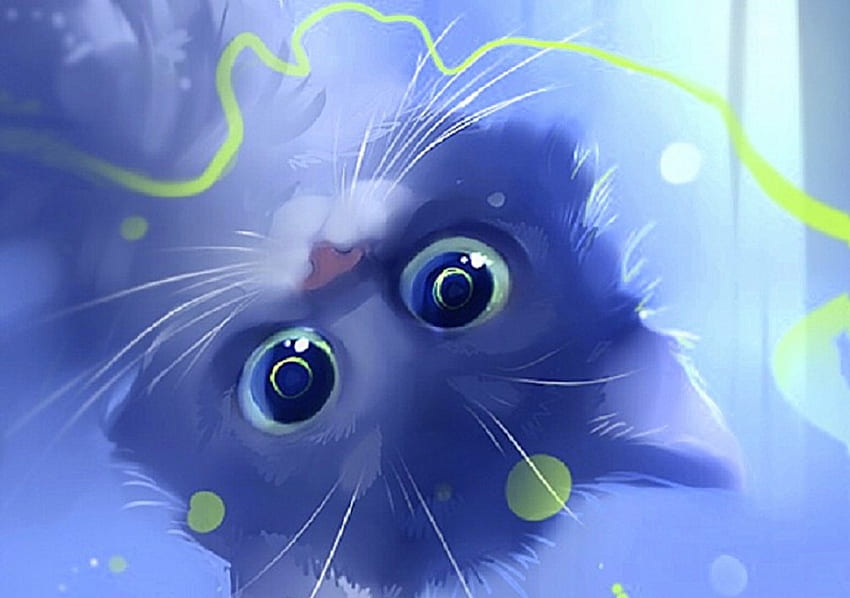 „Котка Съмърсет“, синьо, черно, коте, атракции в сънищата, сладки, цветове, картини, котка, дигитално изкуство, любов четири сезона, рисунки, готино, рисувай и рисувай, прекрасно HD тапет