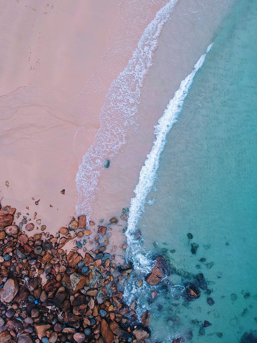 natura, kamienie, plaża, piasek, widok z góry, ocean, piana, fale Tapeta na telefon HD