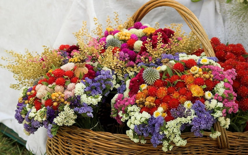 Autumn Bouquets, basket, bouquets, autumn, nature, flowers HD wallpaper