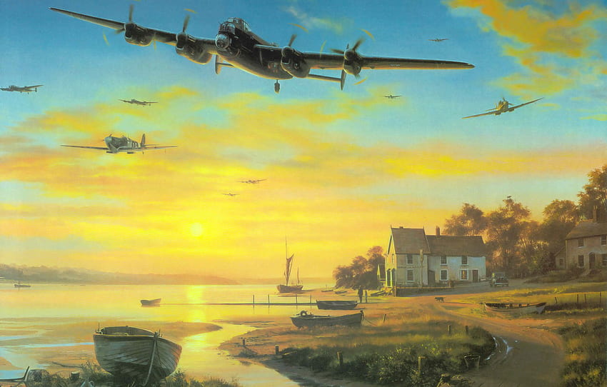 war, airplane, painting, ww2, Avro Lancaster, british bomber, aviation art for , section авиация HD wallpaper