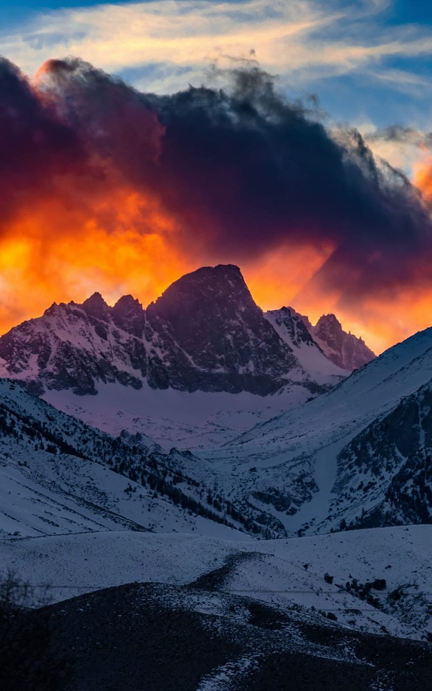 Mountains, yellow glow, snow layer, glacier, sunset, glow HD phone wallpaper