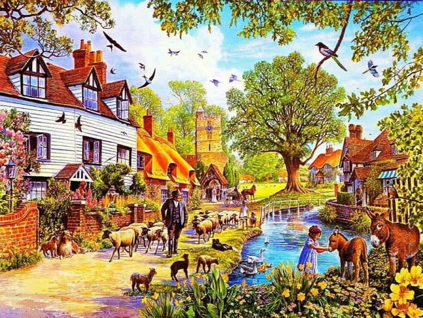 Musim semi di Desa, karya seni, jalan setapak, rumah, domba, manusia, kolam Wallpaper HD