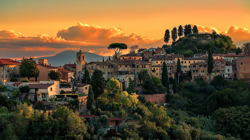 architecture, Building, House, Nature, Italy, Church, Trees, Clouds, Sunset, Hill, Tower, Old Building, History / and Mobile Background, Italian Villa HD wallpaper