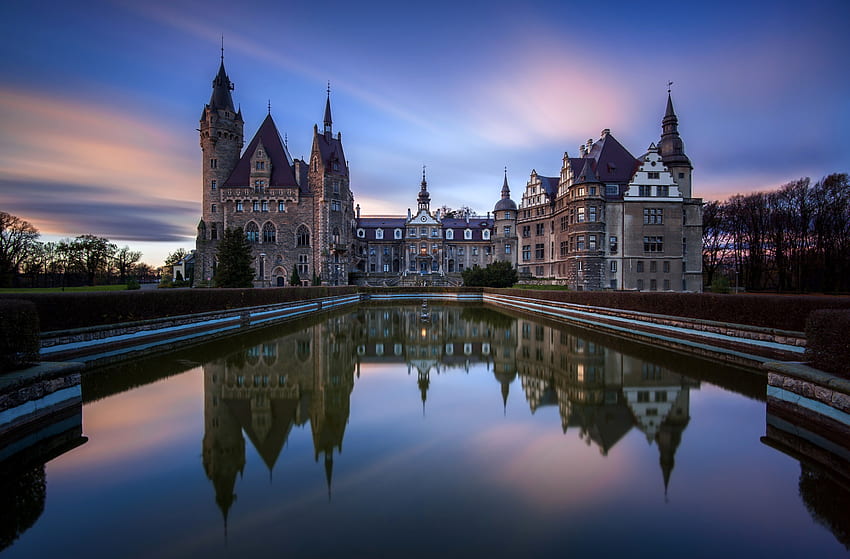 Poland Castle Pond Sunrise and sunset Moszna Cities reflection ., Poland City HD wallpaper