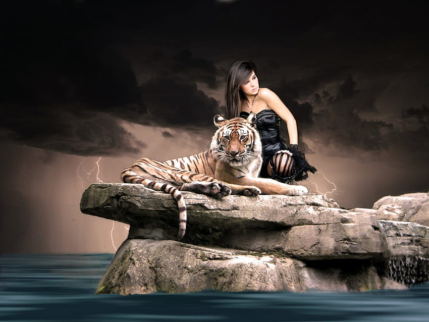 Beauty and the Tiger, lady, tiger, water, beauty HD wallpaper