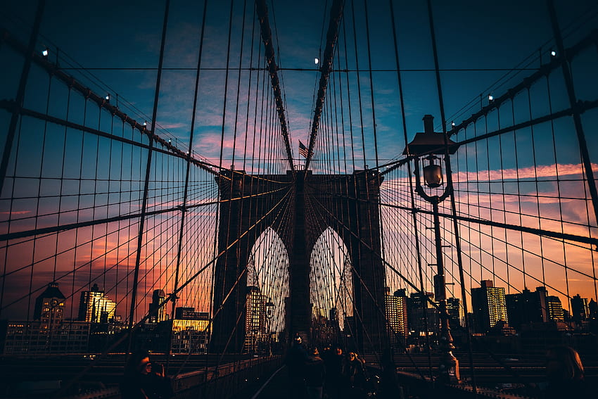 Puente colgante, arquitectura, puente de Brooklyn, puesta de sol fondo de pantalla