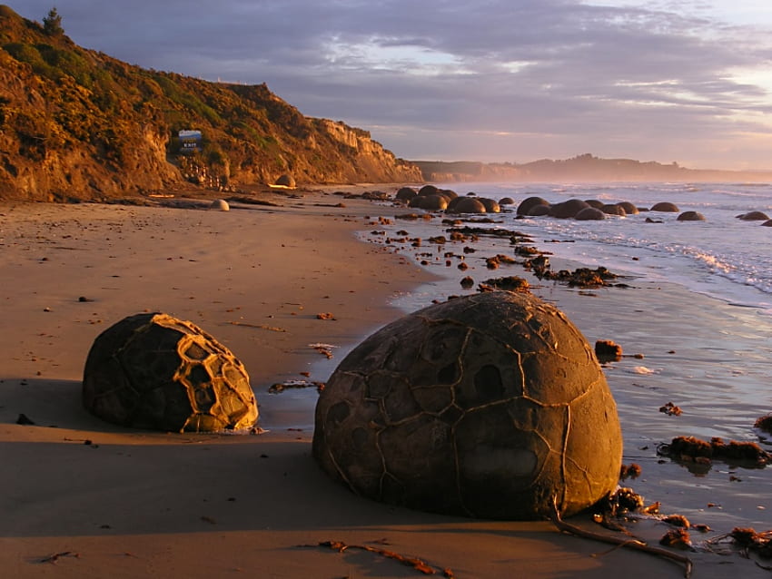 Moeraki saat Matahari Terbit, pasir, moeraki, batu-batu besar, bebatuan, Pantai, ombak, Selandia Baru, air, samudra Wallpaper HD