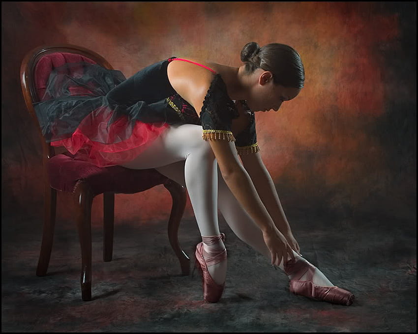 Ballerina, chair, black, dance, red, woman HD wallpaper