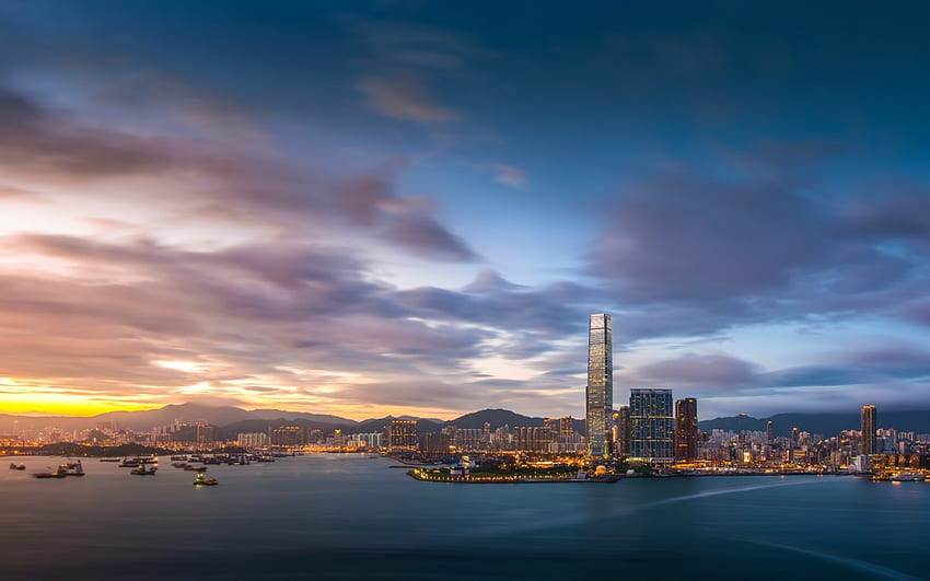 beautiful sunset on hong kong, clouds, bay, city, sunset HD wallpaper