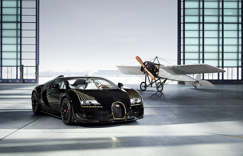 Bugatti Veyron 16.4 Grand Sport Vitesse, black bess, aircraft HD wallpaper