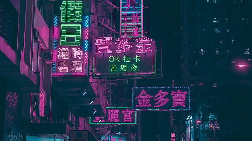 night city, signs, neon, street, hieroglyphs, reflection, hong kong u 16:9 background, Japanese Neon HD wallpaper