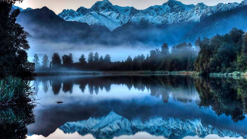 Blue Lake, brume, brouillard, réflexion, neige, nature, forêt, lac, montagne Fond d'écran HD