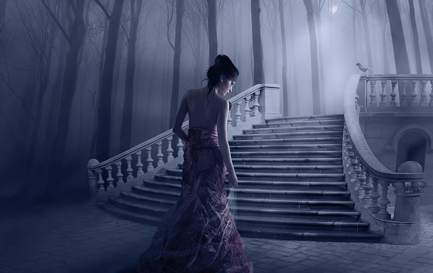 Welcome Home, raven, white, stairs, ghost, woman HD wallpaper