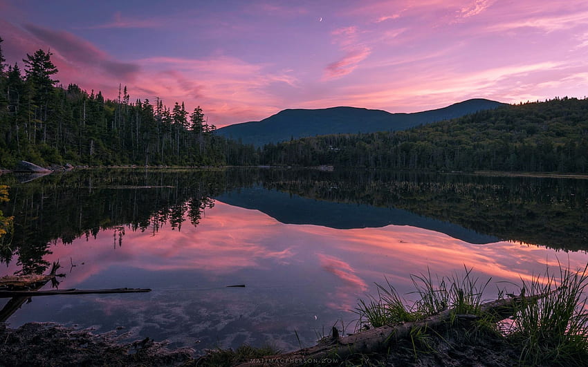 Crescent moon over Lonesome Lake, New Hampshire, hills, reflection, trees, USA, sky, water, sunset HD wallpaper