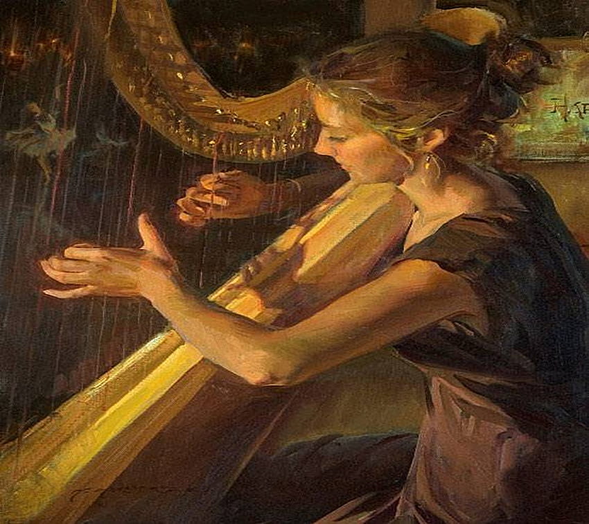 Elle joue de la harpe~, musique, peinture, femme, harpe Fond d'écran HD