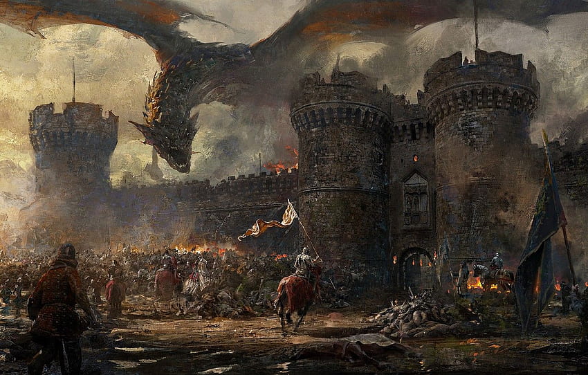 огън, стена, фантазия, дракон, войници, броня, дим, армия, кон, замък, оръжия, произведения на изкуството, фентъзи изкуство, победи, създание, рицар за , раздел фантастика, Дракон срещу рицар HD тапет