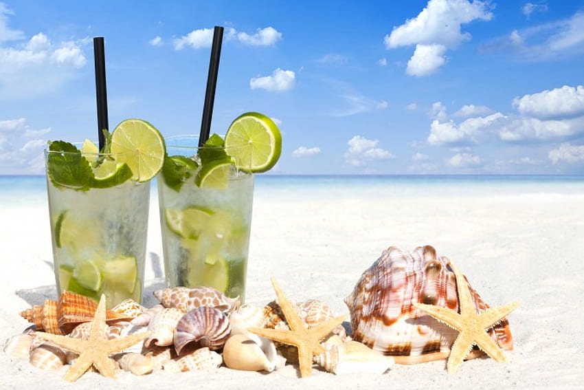Mojito, sea, summer, drink, vacation, beach, seashells HD wallpaper