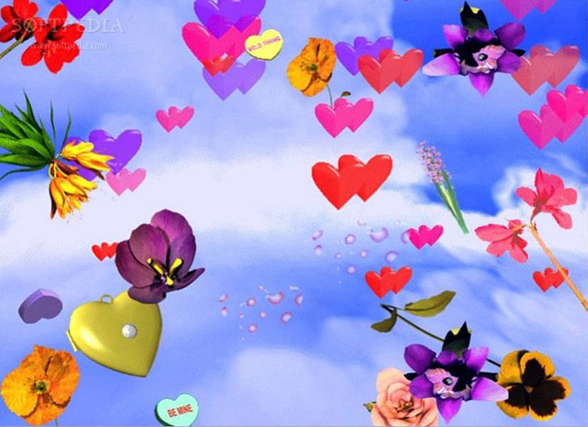 Corações florais, amor, corações, nuvens, céu, flores papel de parede HD