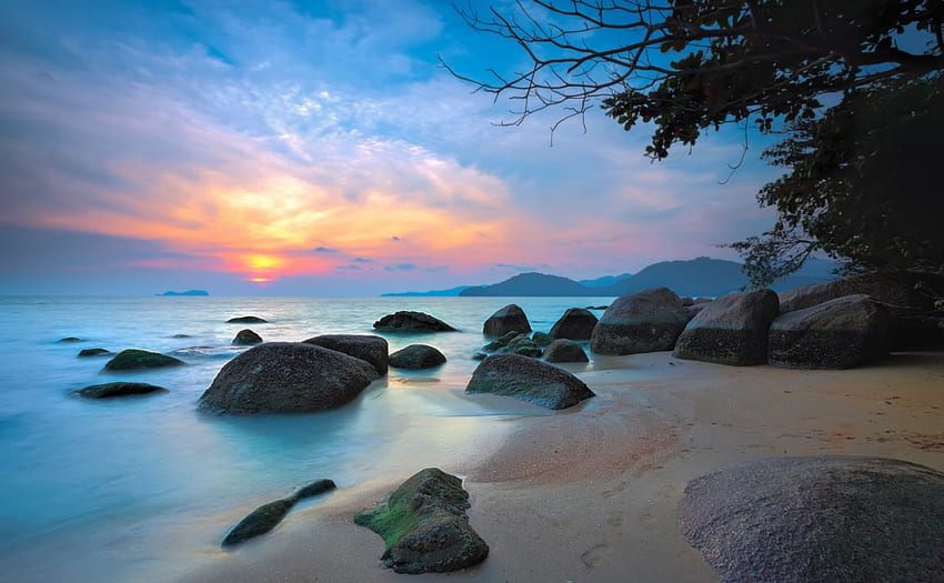 Cielo al tramonto su Rocky Beach, blu, mare, oceani, tramonti, spiagge, rocce, rosa, alberi, natura, cielo Sfondo HD