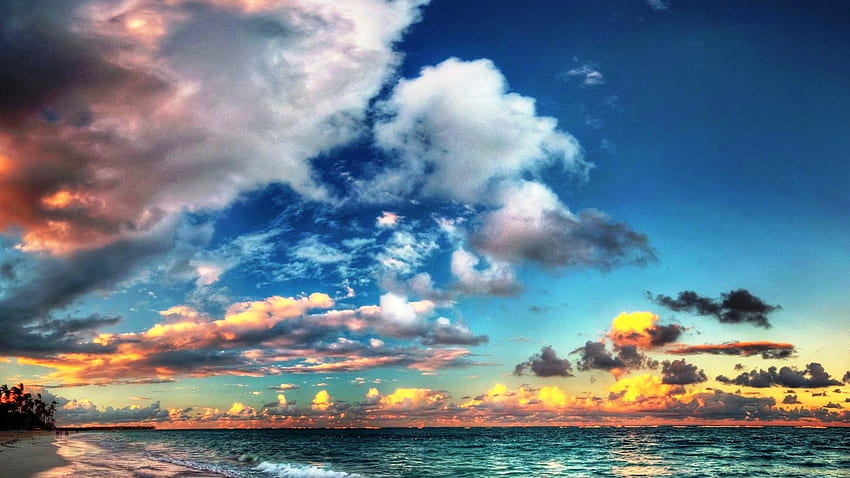 Piękny zachód słońca na plaży, fale, zatoka, chmury, natura, zachód słońca, skyscape, plaża Tapeta HD