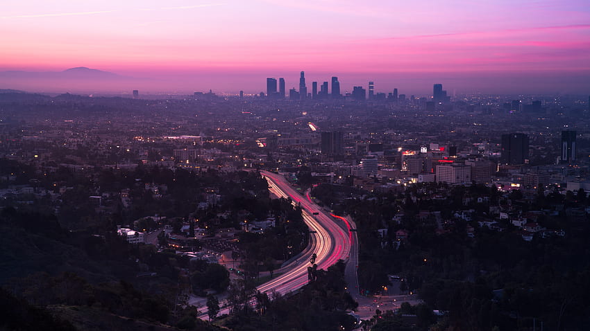 Coucher de soleil, Route, Ville, Vue aérienne, Los Angeles - Los Angeles - Fond d'écran HD