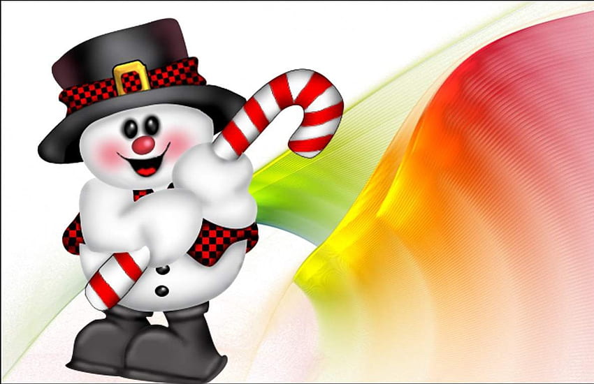 SNOWMAN AND HIS CANE, snowman, cane, 3d, , happy, candy HD wallpaper