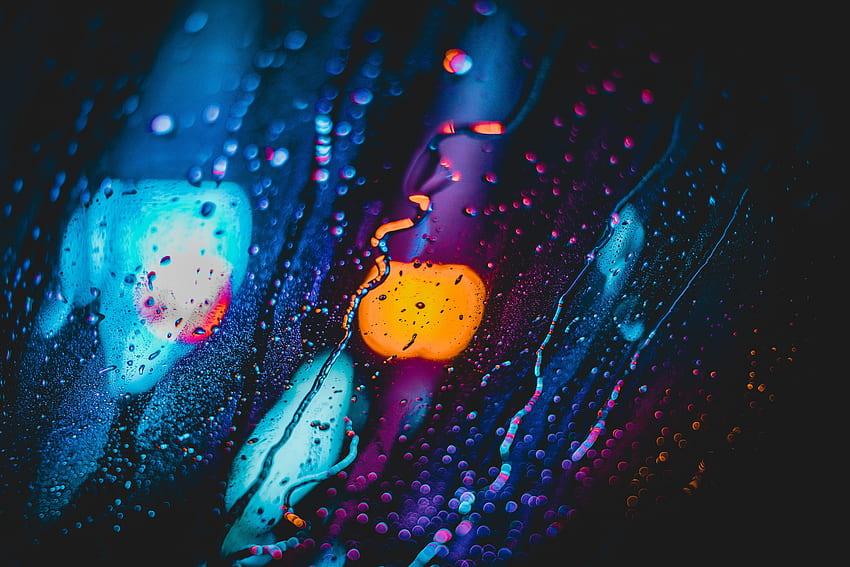 Drops, glass surface, blur, neon HD wallpaper