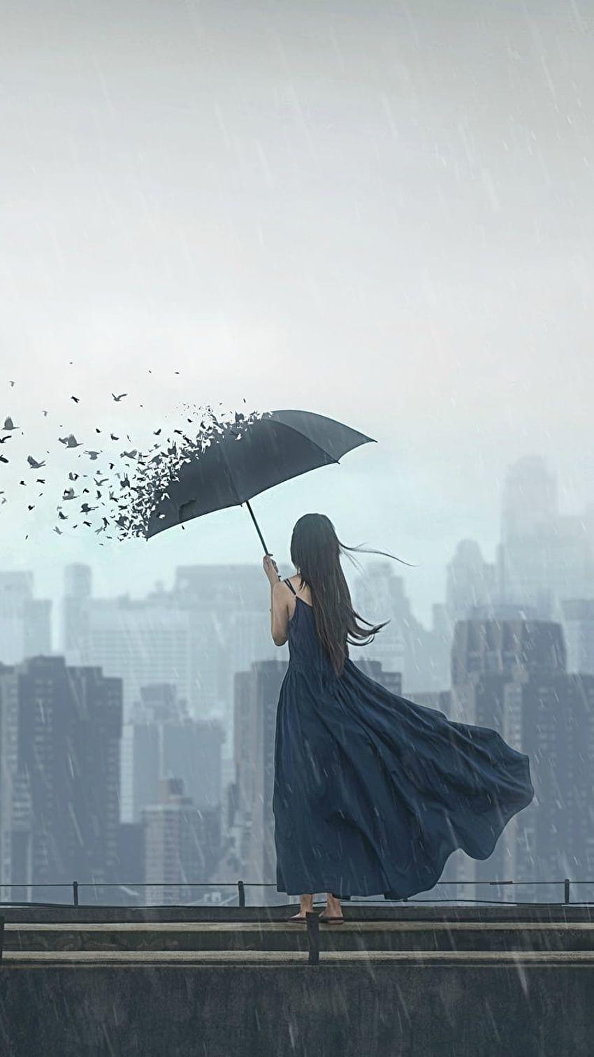 girl with umbrella in rain wallpaper