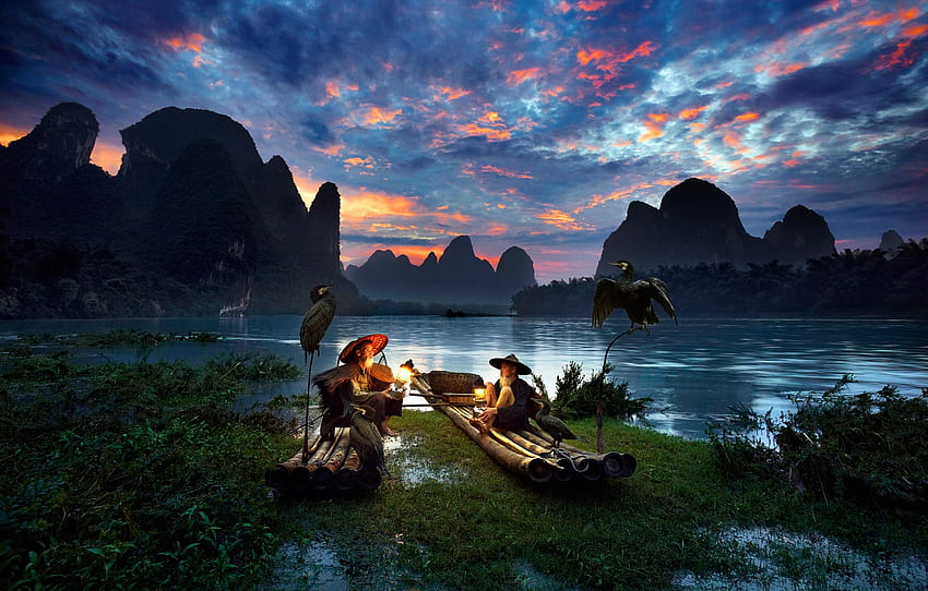hommes, nature, rivière, oiseaux, asiatique, montagne, Chine / et fond mobile Fond d'écran HD
