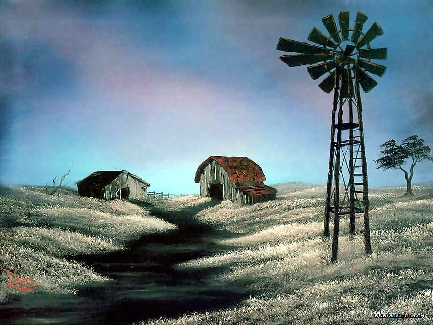 The windmill by Bob Ross, bob ross, windmill, painting, field HD wallpaper