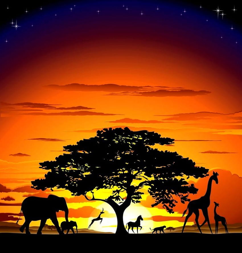 Afrykański Zachód Słońca Ze Zwierzętami Tapeta na telefon HD