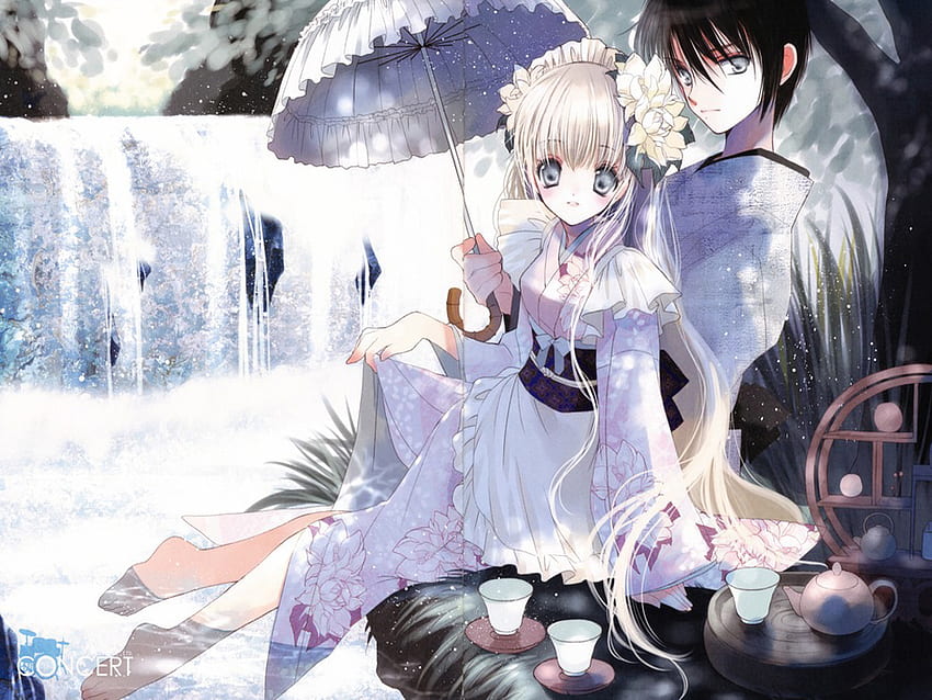 Pasangan Sempurna, payung, air terjun, cantik, pria, minum, bersama, wanita Wallpaper HD