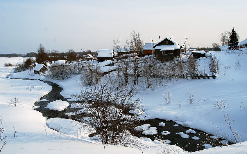 Winter, Nature, Snow, Bush, House, River, Calmness, Tranquillity HD wallpaper