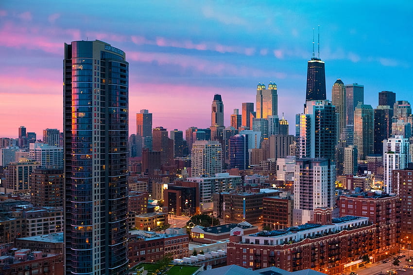 Miasta, zachód słońca, miasto, drapacze chmur, Chicago Tapeta HD