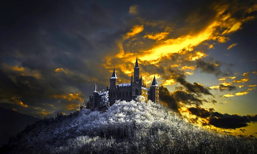 Golden Castle, winter, beautiful, tourism, hohenzollern castle, history, clouds, germany, sky, mountains, forest, sunset HD wallpaper