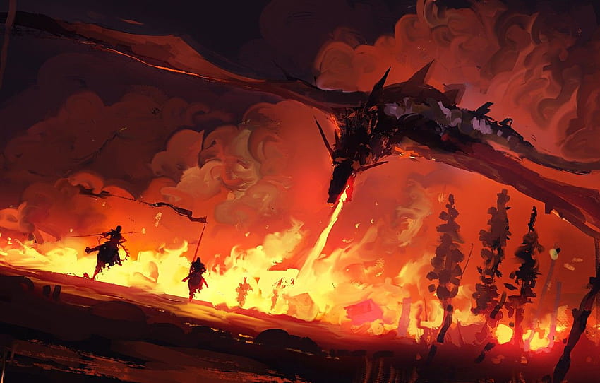 Fire, fantasy, trees, painting, dragon, battle, Game of Thrones ...