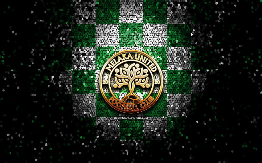Melaka United FC, glitter logo, Malaysia Super League, green white checkered background, soccer, malaysian football club, Melaka United logo, mosaic art, football, Melaka United HD wallpaper