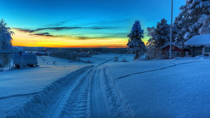 Норландия, Швеция, през зимата, сняг, пейзаж, дървета, цветове, път, небе, залез HD тапет