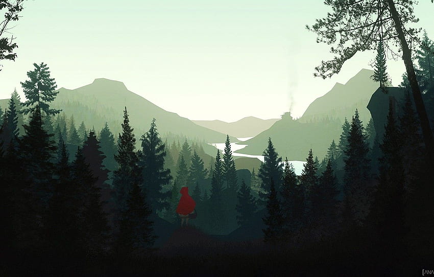 ความเรียบง่าย เกม ต้นไม้ ป่าไม้ สไตล์ ภูมิทัศน์ ศิลปะ หนูน้อยหมวกแดง ป่า ตัวละคร Firewatch ตัวละคร สิ่งแวดล้อม เล่าเรื่อง โดย Asim Salman Asim Salman สำหรับ минимализм, Red Firewatch วอลล์เปเปอร์ HD