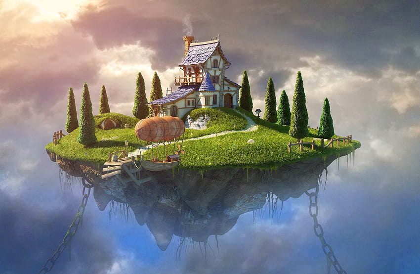 ศิลปะจินตนาการ ศิลปะดิจิตอล บ้าน ต้นไม้ โซ่ เรือเหาะ หิน เมฆ เกาะลอย โมคาห์ เกาะลอยฟ้า วอลล์เปเปอร์ HD