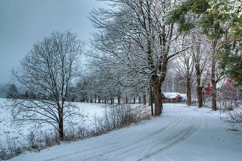 계절, 겨울, 도로, 나무, 눈, 자연, 농장, 집, 소박한, 헛간 / 및 모바일 배경 HD 월페이퍼