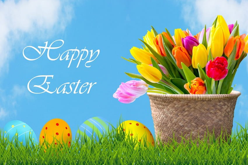 Happy Easter, Easter, grass, tulips, eggs, basket, holiday, clouds, flowers, sky, Spring HD wallpaper